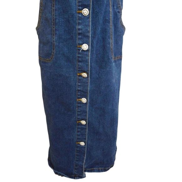 Denim Button-Front Pinafore Midi Jumper Dress - Picture 3 of 8